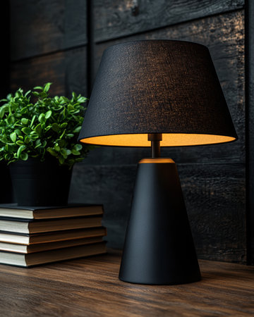 Modern black table lamp with a cone-shaped base and fabric shade on a wooden surfaceの素材