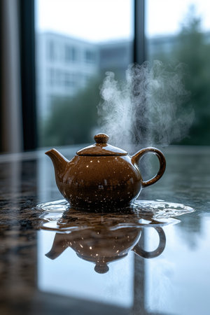 Steaming teapot on a wet countertopの素材