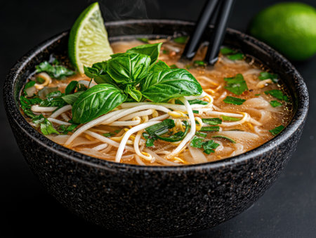 Delicious steaming bowl of asian noodle soup with fresh herbs and limeの素材