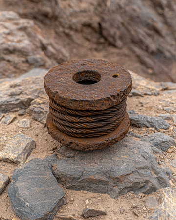 Rusty metal cable spool on rocksの素材