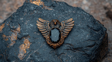 Ornate bronze eagle brooch with dark gemstoneの素材