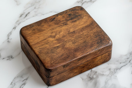 Dark brown wooden box on marble surfaceの素材