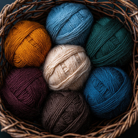 A basket of colorful yarn ballsの素材
