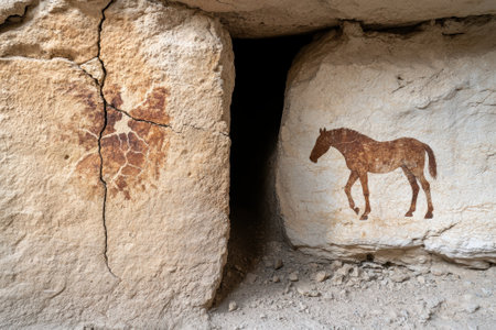 Ancient cave paintings of a horse and abstract designの素材