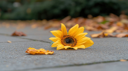 Single sunflower on the ground with autumn leavesの素材