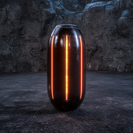 Futuristic metallic capsule with glowing orange lines in dark environmentの素材