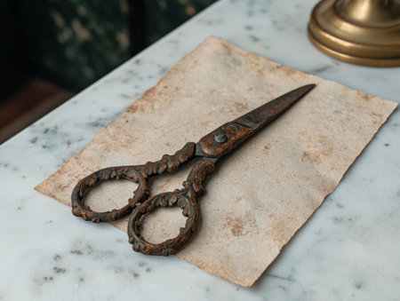 Antique ornate scissors on aged paperの素材