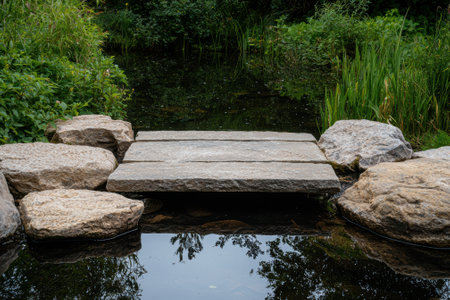 Stone pathway over tranquil pond in zen gardenの素材