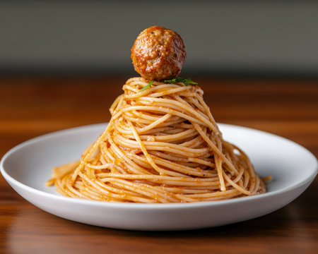 Single meatball on top of a spaghetti and tomato sauce moundの素材