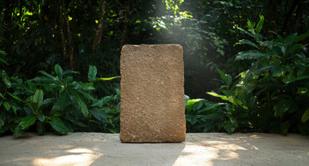 Stone slab in a lush green jungle settingの素材