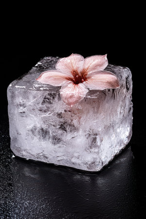 Frozen flower in ice cube on black backgroundの素材