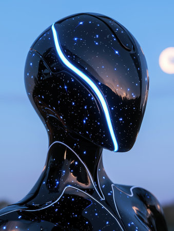 Futuristic robot with glowing lines and a starry night sky textureの素材