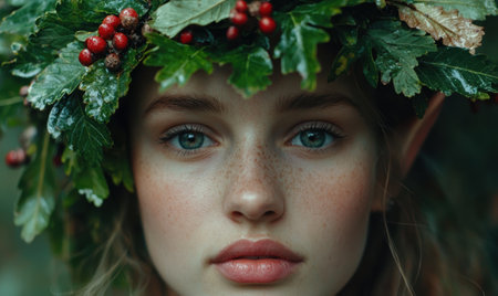 Close-up portrait of a young woman with a leaf crownの素材