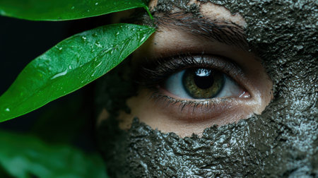 Close-up of a woman's eye with a mud mask and green leavesの素材