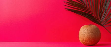 Single coconut on pink background with palm leafの素材