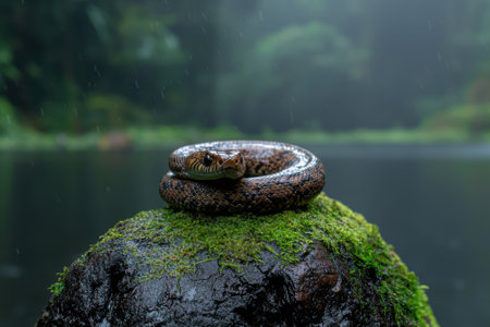 Snake curled on mossy rock in rainforestの素材
