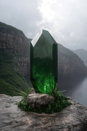 Glowing green crystal on a rocky outcrop overlooking the oceanの素材