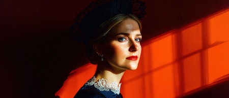 Woman in vintage dress and headpieceの素材