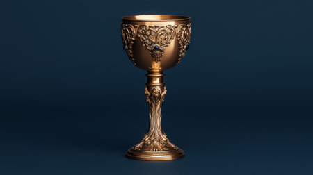 Ornate golden chalice with blue gems on dark backgroundの素材