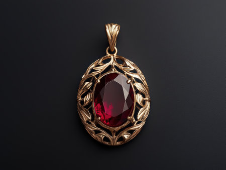 Elegant gold pendant with a deep red gemstoneの素材