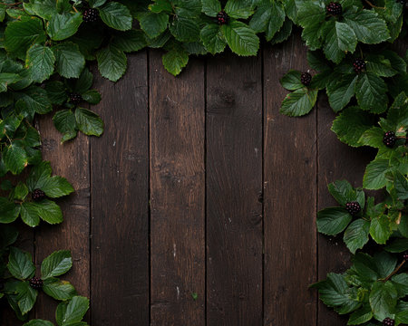 Dark wooden background with lush green leaves and berriesの素材