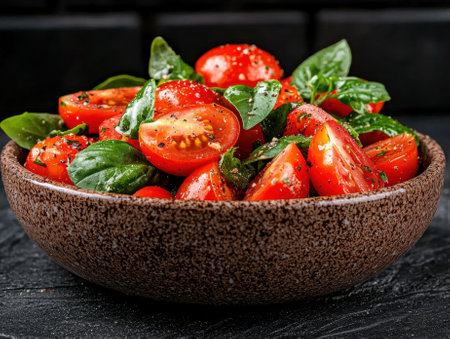 Close-up of a bowl of fresh tomato and basil saladの素材