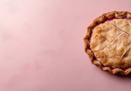 Top view of a delicious berry pie on a pink backgroundの素材