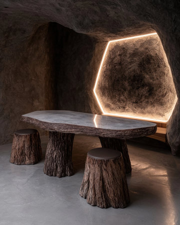 Modern minimalist table and chairs in a cave-like settingの素材