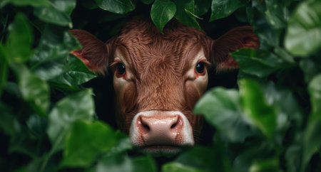 Curious cow peeking through lush green leavesの素材