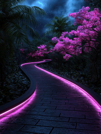 Neon path through a tropical garden at nightの素材