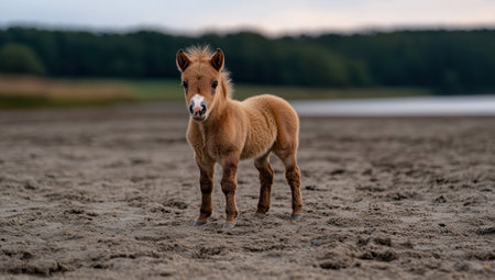 Adorable miniature horse foal standing in a fieldの素材