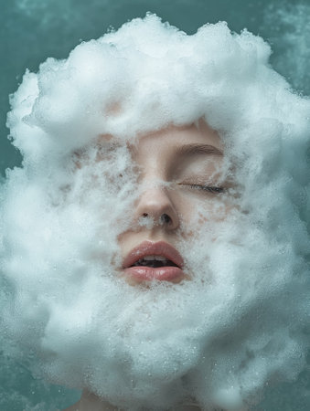 Woman submerged in cleansing foam, face partially hiddenの素材