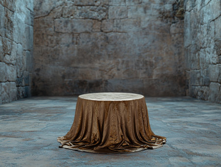Empty golden pedestal covered with cloth in a stone roomの素材