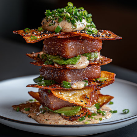 Delicious tuna poke stack with avocado and crispy wonton chipsの素材