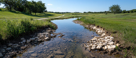 Serene stream flows through a lush green landscapeの素材