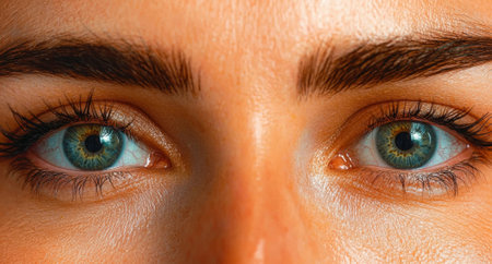Close-up of a woman's eyes with vibrant green irises and long eyelashesの素材