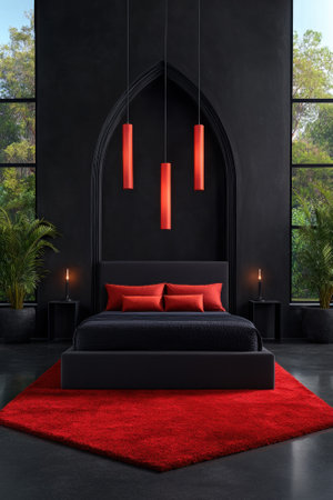 Modern black bedroom with red accents and gothic archの素材