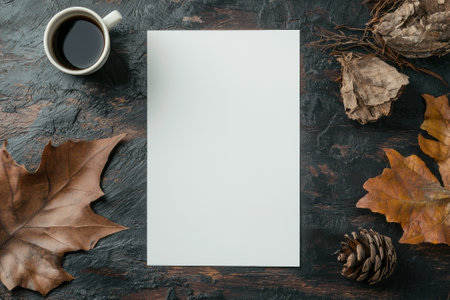 Blank paper on rustic wooden table with autumn leaves and coffeeの素材