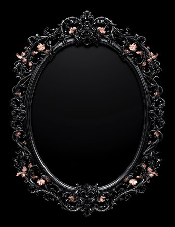 Ornate black and rose gold oval frame on black backgroundの素材