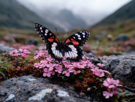Butterfly on pink flowers in mountain landscapeの素材