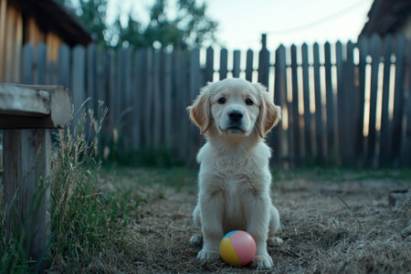 Adorable golden retriever puppy sitting in the grass with a ballの素材