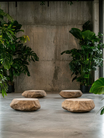 Stone seats in a modern minimalist interior with plantsの素材