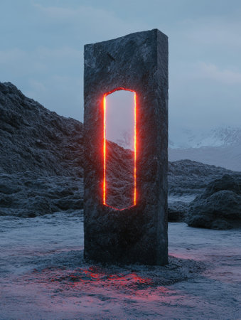 Glowing portal in a stone monolith in a desolate landscapeの素材