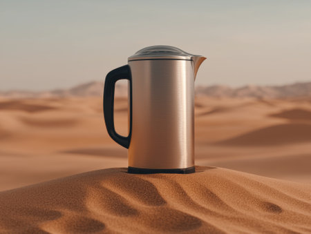 Stainless steel electric kettle in desert landscapeの素材