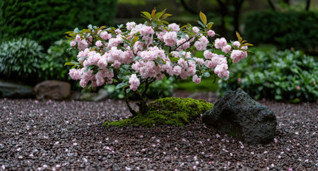 Pink cherry blossom tree in a zen gardenの素材