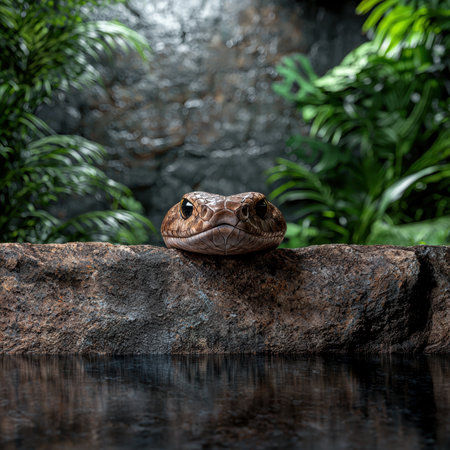 Close-up of a snake's head peering over a rock near waterの素材