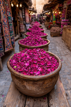 Rose petals in wooden bowls at a marketの素材