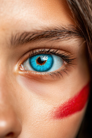 Close-up of a woman's eye with blue iris and red makeupの素材