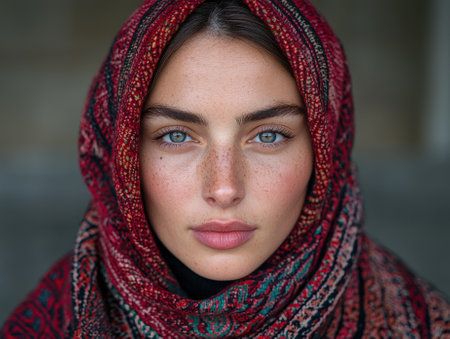 Close-up portrait of a woman with freckles wearing a red headscarfの素材