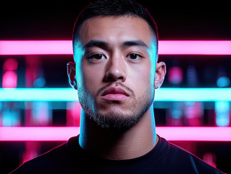 Portrait of a young man with neon lights in the backgroundの素材
